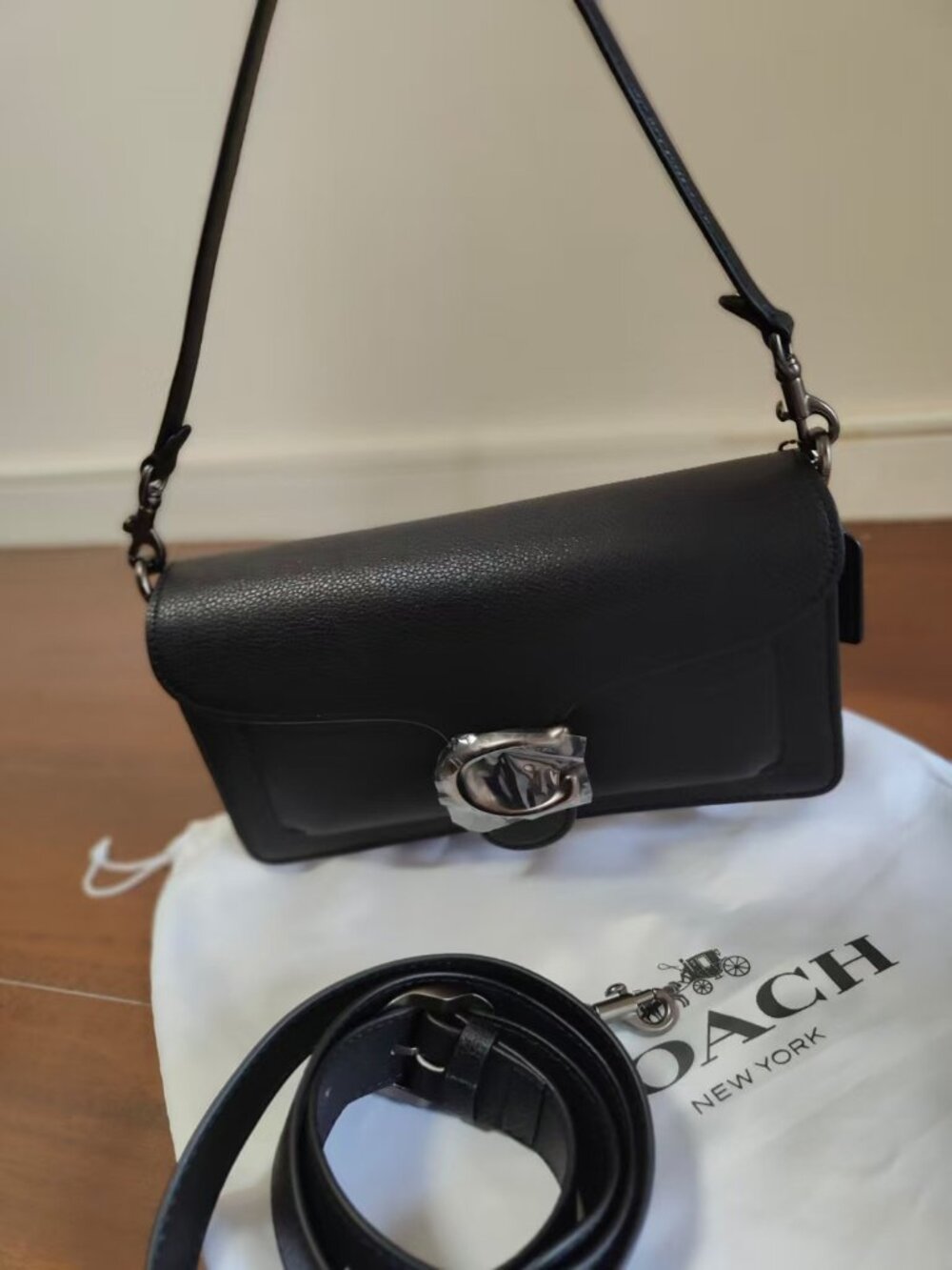 Coach Tabby Black Pebbled Leather C-Buckle Flap Shoulder Bag Convertible Crossbo - Picture 6 of 7
